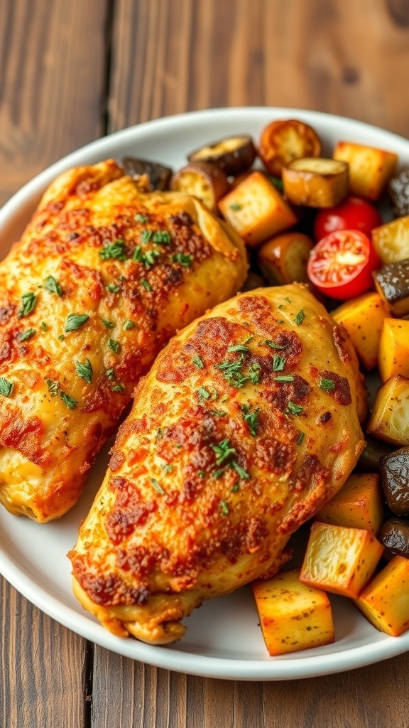 Crispy oven fried chicken breasts on a plate with roasted vegetables and herbs.